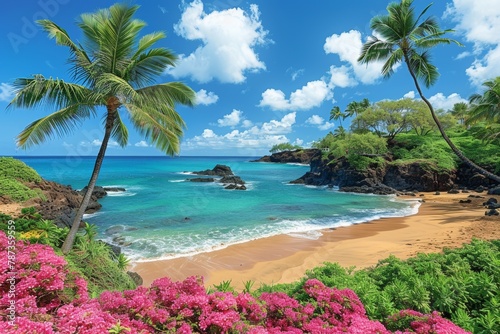 Tropical Beach With Pink Flowers and Palm Trees