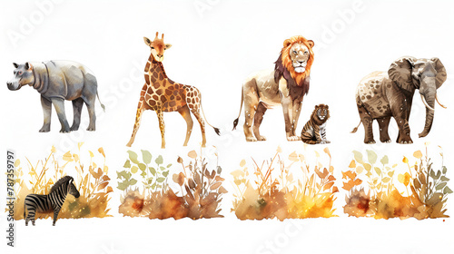 Safari Animal set hippopotamus elephant lion giraffe monkey illustrations