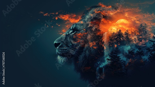 Abstract background of Lion face with nature, A Lion as Earth, Generative AI © BOONJUNG