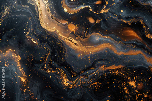 A closeup of swirling black and gold marble patterns, resembling the surface texture. Created with Ai