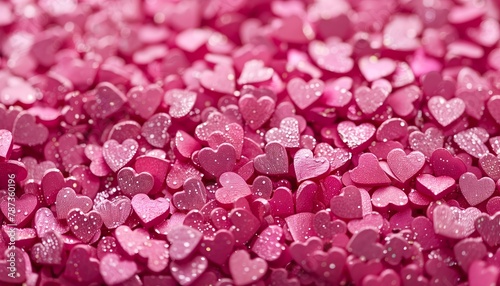 A large number of small pink hearts in a candy shape.