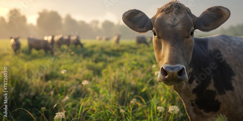 A gentle brown cow with inquisitive eyes standing amidst a herd in a serene, foggy meadow at dawn photo