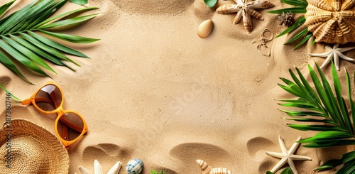 Summer sand beach background at the ocean with starfish, sun hat and tropical leaves. Summer holiday concept.