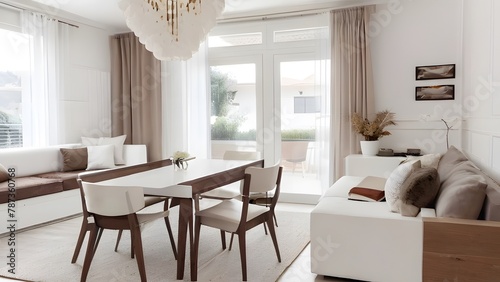 white and brown dinning room and  living room interior .