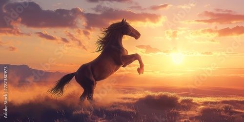 A solitary horse rears up majestically against a dramatic sunset sky, evoking freedom and wild beauty on the plains