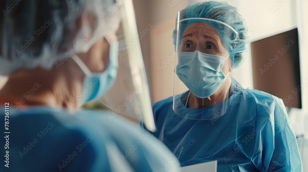 Senior woman having a consultation with her doctor Senior woman having a doctors appointment Doctor in blue uniform and protective face mask giving advice to Senior female patient at h : Generative AI Senior woman having a consultation with her doctor Senior woman having a doctors appointment Doctor in blue uniform and protective face mask giving advice to Senior female patient at h : Generative AI