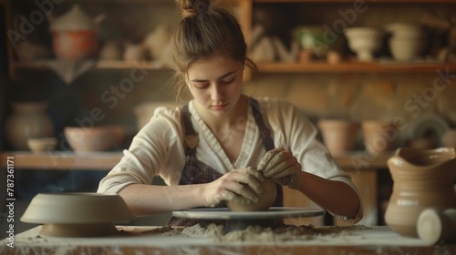 Woman work an electric pottery wheel making vase