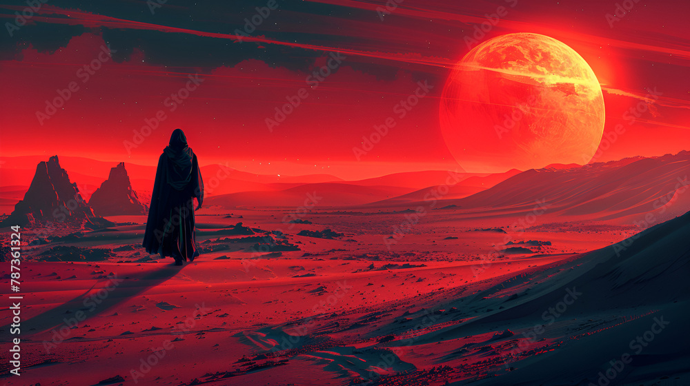scary dark man walking across the desert fantasy landscape, generative Ai