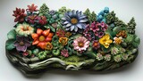 Sculpt a clay sculpture depicting a top-down view of an imaginary floral kingdom, with intricate details and bright colors, bringing to life a whimsical and enchanting world