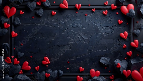 Red and black hearts on a dark marble background with an empty space for text.