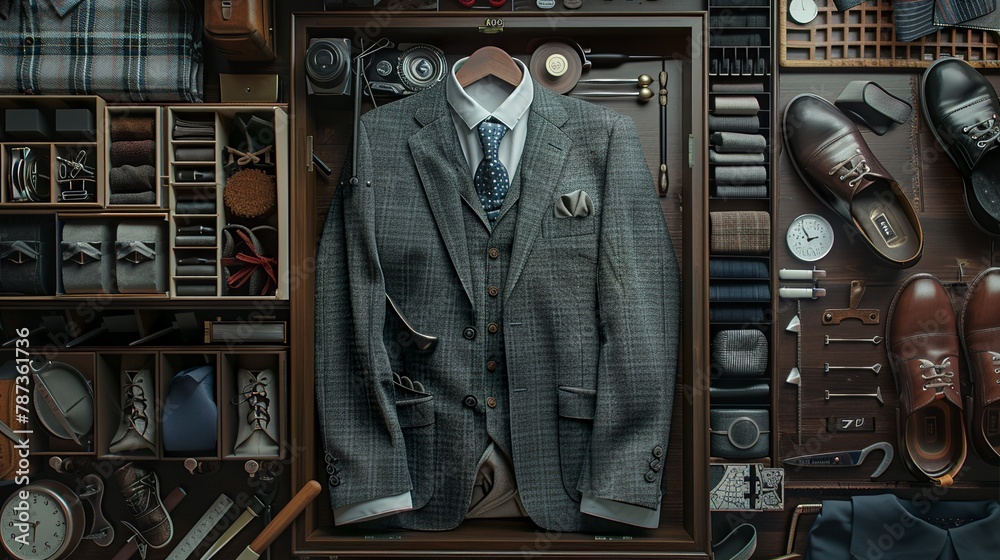 knoiling of suit 、Scissors、iron、ruler、shoes、socks、shirt、button ,neatly arranged,complete parts,real engine