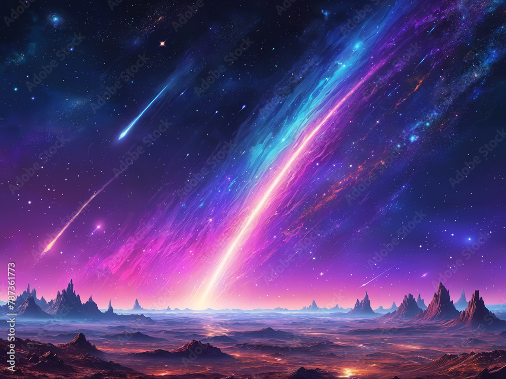 A night scene with a two shooting stars streaking across the sky, leaving a trail of vivid colors behind them. The sky is filled with various stars, creating a breathtaking view.
