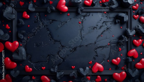 Red and black hearts on a marble dark background around a black frame.
