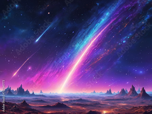 A night scene with a two shooting stars streaking across the sky, leaving a trail of vivid colors behind them. The sky is filled with various stars, creating a breathtaking view.