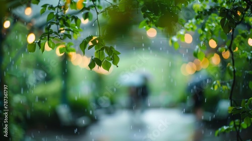 Softly blurred backdrop of a park on a rainy day with hints of lush greenery and blurred silhouettes of people seeking shelter under trees and canopies. .