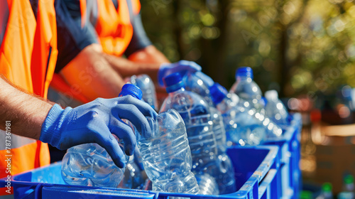 Working on pile of plastic bottles. Waste sorting and recycling concept