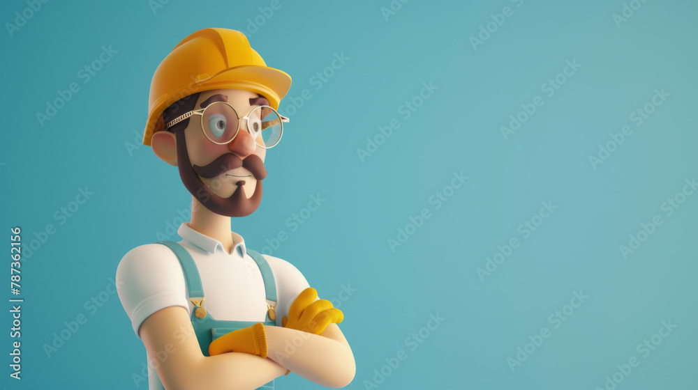 A 3D cartoon character of a worker with a mustache, glasses, and yellow helmet, standing confidently with arms crossed. A 3D cartoon character of a worker with a mustache, glasses, and yellow helmet, standing confidently with arms crossed.