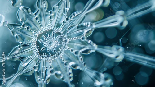 A stunning image of a microscopic diatom its intricate silica shell resembling a delicate snowflake. These tiny algae play a vital photo