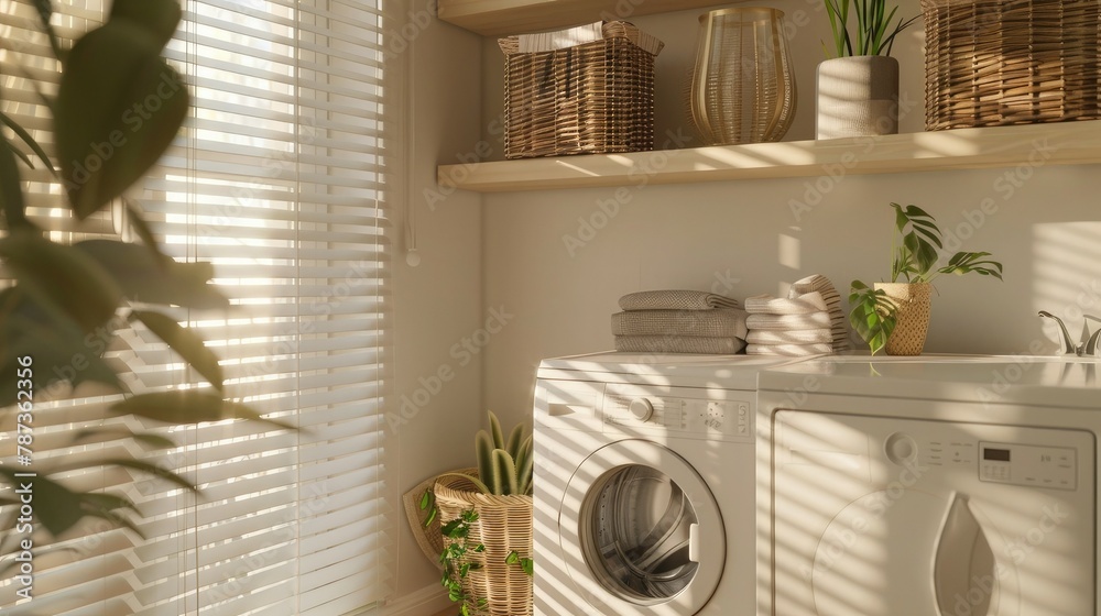 Washing machine in a bright, modern laundry room with beige and white decor, lots of light, minimalist style, natural materials, rattan furniture, wooden laundry shelf, large window with blinds. Washing machine in a bright, modern laundry room with beige and white decor, lots of light, minimalist style, natural materials, rattan furniture, wooden laundry shelf, large window with blinds.