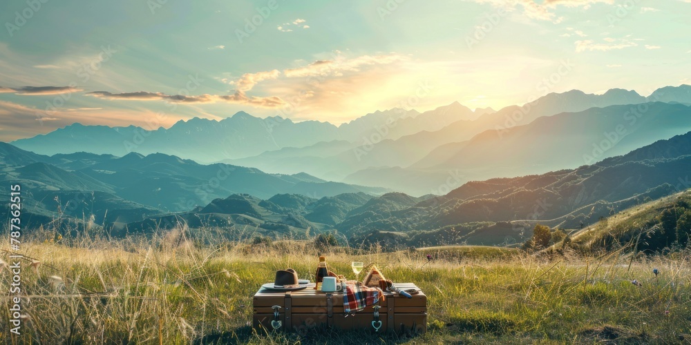Naklejka premium An outdoor scene of a picnic setup by the roadside, overlooking panoramic mountain landscapes.