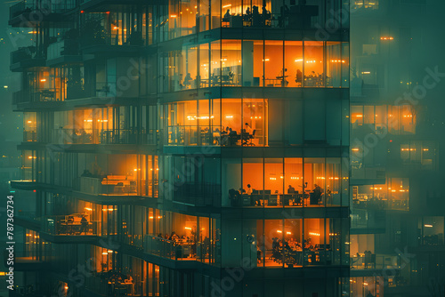 A multistory building with glass windows and orange lights inside, crowded people sitting at tables. Created with Ai