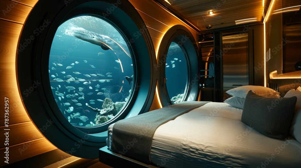 Transport yourself to the depths of the sea with a oneofakind sleep experience surrounded by tranquil oceanic decor and the melodic sounds of whales in the distance. 2d flat cartoon.