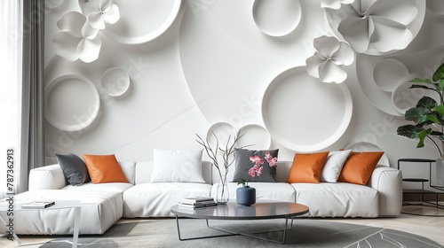 3D wall mural of white flower petals and circles