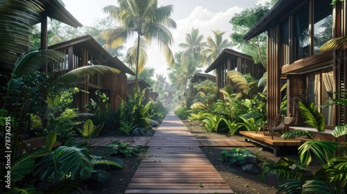 Exterior of an eco-friendly boutique hotel in a dense jungle, wooden architecture with greenery and plants, eco-friendly design, wooden plank walkway between buildings. © Светлана Канунникова