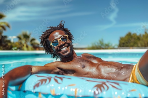 Happy black man relaxing on an air mattress in a swimming pool in summer.