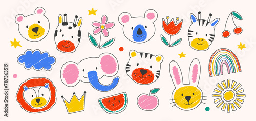 Childrens drawings of animals  flowers and fruits. Collection of hand drawn chalk doodles. Flat vector illustration.