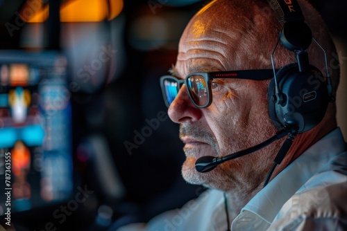 A focused pilot with headset and reflective sunglasses in a cockpit. photo