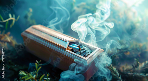 Cigarettes' burning in coffin box, smoking and death concept  