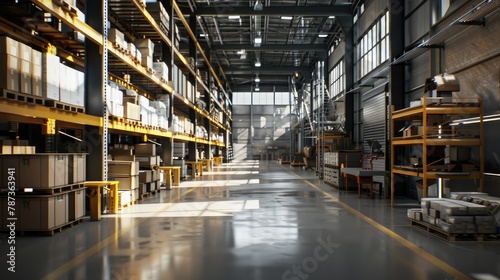 Wide angle view of an industrial warehouse with high shelves filled with boxes and pallets, highlighting the safety of the warehouse. Bright lighting creates an organized atmosphere.