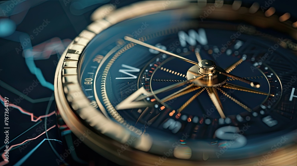 Fototapeta premium Close-up of a compass on an expensive watch with golden hands pointing north and south, symbolizing the direction of business planning. The background is a gray gradient.