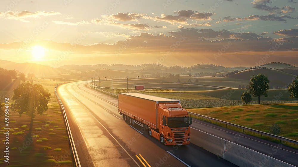 An orange truck drives along the highway, against the backdrop of green fields and sunset. The scene has beautiful scenery. It covers the entire truck from top to bottom. An orange truck drives along the highway, against the backdrop of green fields and sunset. The scene has beautiful scenery. It covers the entire truck from top to bottom.