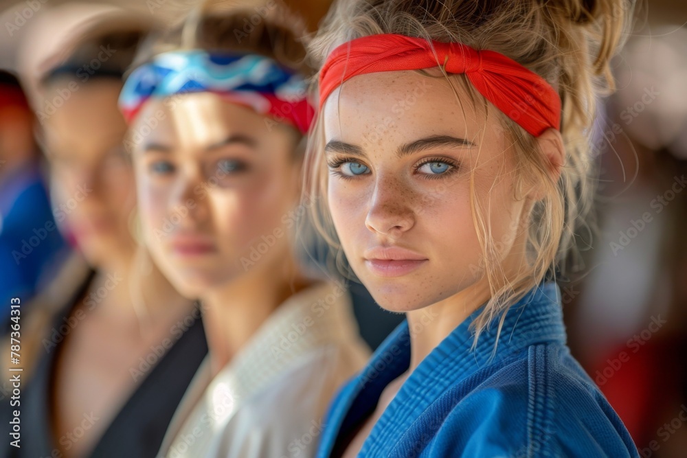 A focused martial artist with blue headband in a karate competition.