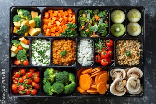 Assorted fresh produce and proteins organized in meal prep containers.