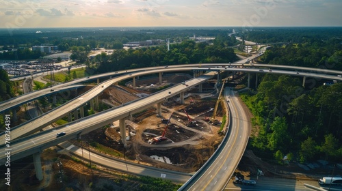 A drone aerial shot capturing the progress of a highway interchange construction. © sambath