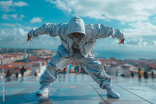 An urban dancer mid-motion, with dynamic pose against a cityscape background.