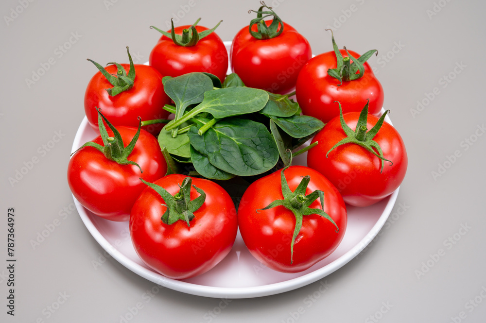 Red ripe tasty Dutch tomatoes growing indoor in greenhouse all seasons, food industry in Netherlands close up Red ripe tasty Dutch tomatoes growing indoor in greenhouse all seasons, food industry in Netherlands close up