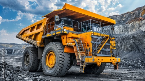 Massive yellow anthracite coal mining truck in operation at open pit mine industry site