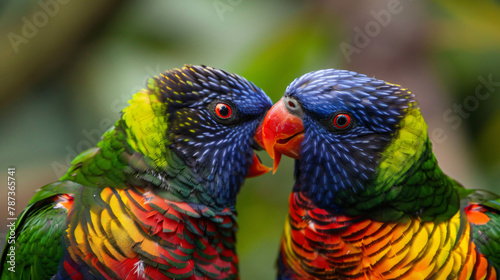 Two rainbow colored Lorikeet birds