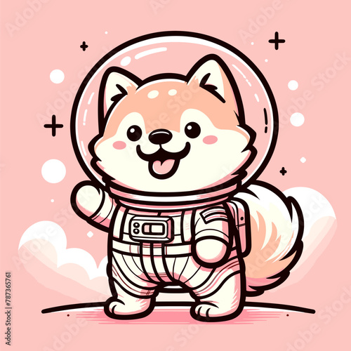 Shiba Inu in astronaut costume on pink background.