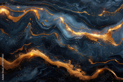 A luxury background with swirling patterns of dark blue and gold, resembling marble or agate stone textures. Created with Ai