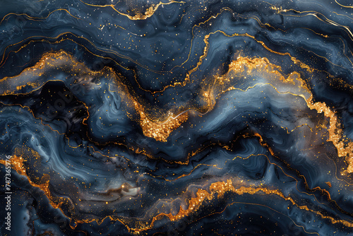 A background of dark blue and gold marble swirls with glitter, creating an elegant pattern suitable for luxury design or wallpaper. Created with Ai