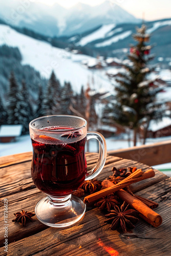 Glasses with warm mulled wine on a winter background. Warm mulled wine against the background of a ski slope.