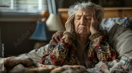 senior bed woman problem pain headache home elderly, generative Ai