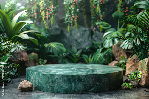 Green marble podium for product presentation with tropical plants and sunlight in the room 3d rendering. Created with Ai