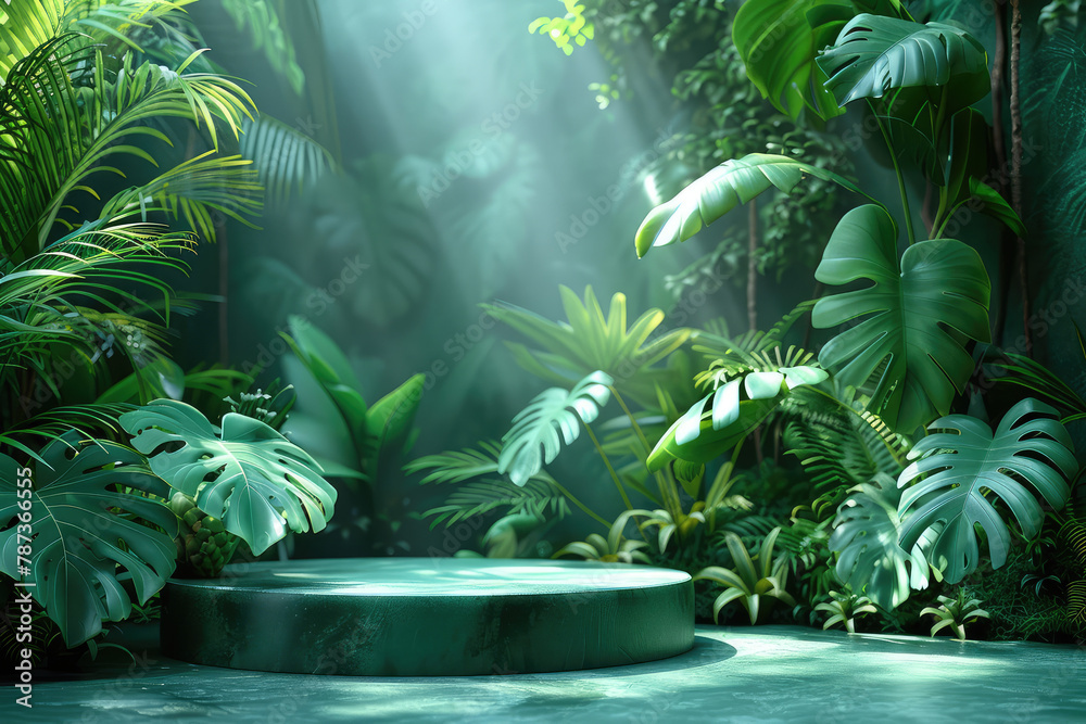 A tropical rainforest background with lush green leaves and misty ...