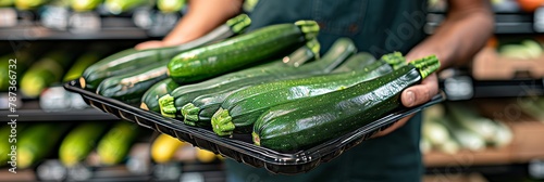 Zucchini selection hand holding fresh zucchini with blurred background, copy space available